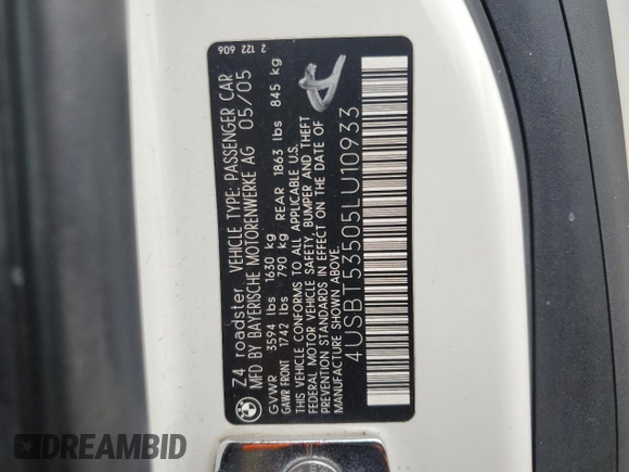 2005 BMW Z4 3.0i with VIN 4USBT53505LU10933, listed as a Copart auction lot 46061395 with 86,328 mi miles and Salvage title. Bid and sale history available at DreamBid. Image 12.