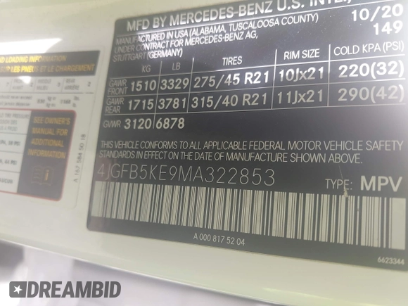 2021 Mercedes-Benz GLE 450 with VIN 4JGFB5KE9MA322853, listed as a IAAI auction lot 42460605 with 107,408 mi miles and . Bid and sale history available at DreamBid. Image 9.