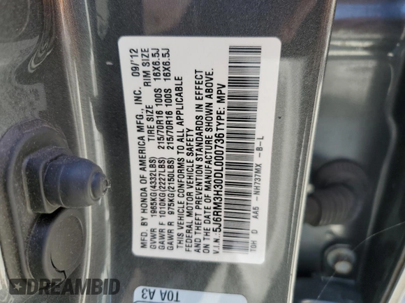2013 Honda CR-V LX with VIN 5J6RM3H30DL000736, listed as a Copart auction lot 61346285 with Not provided miles and Non repairable. Bid and sale history available at DreamBid. Image 14.