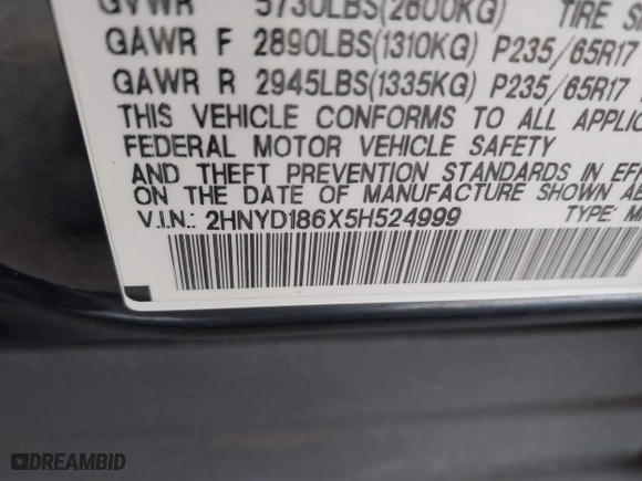 2005 Acura MDX Touring with VIN 2HNYD186X5H524999, listed as a IAAI auction lot 41506033 with 252,064 mi miles. Bid and sale history available at carsss.com. Image 9.