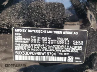 2024 BMW X3 xDrive30i z VIN 5UX53DP09R9W19794, wystawiony jako Copart lot #57802985 z przebiegiem 8017 mil mil oraz Tytuł czysty. Historia ofert i sprzedaży dostępna na DreamBid. Obrazek 14.