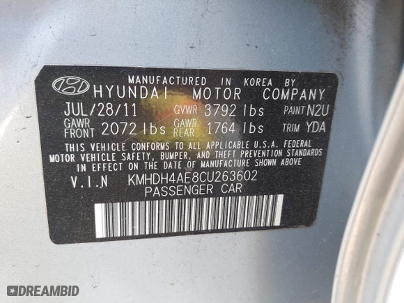 2012 Hyundai Elantra GLS with VIN KMHDH4AE8CU263602, listed as a IAAI auction lot 41898235 with 152,878 mi miles. Bid and sale history available at carsss.com. Image 9.