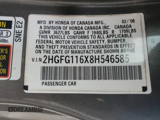 2008 Honda Civic Cpe LX with VIN 2HGFG116X8H546585, listed as a Copart auction lot 54701365 with 167,056 mi miles and Salvage Title. Bid and sale history available at carsss.com. Image 12.