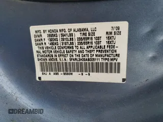 2010 Honda Odyssey LX with VIN 5FNRL3H29AB005111, listed as a Copart auction lot 65005735 with Not provided miles and Clean title. Bid and sale history available at DreamBid. Image 13.