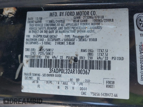 2010 Ford Fusion Hybrid with VIN 3FADP0L32AR100367, listed as a IAAI auction lot 41770303 with 253,334 mi miles. Bid and sale history available at carsss.com. Image 9.