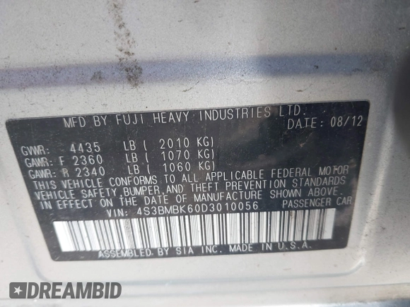 2013 Subaru Legacy Limited with VIN 4S3BMBK60D3010056, listed as a IAAI auction lot 41877445 with 138,524 mi miles and . Bid and sale history available at DreamBid. Image 9.