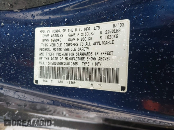 2002 Honda CR-V EX z VIN SHSRD78862U010365, wystawiony jako IAAI lot #42378254 z przebiegiem 196 657 mil mil oraz . Historia ofert i sprzedaży dostępna na DreamBid. Obrazek 9.