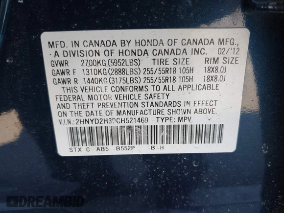 2012 Acura MDX Tech Pkg with VIN 2HNYD2H39CH521469, listed as a IAAI auction lot 41759153 with 161,466 mi miles. Bid and sale history available at carsss.com. Image 9.