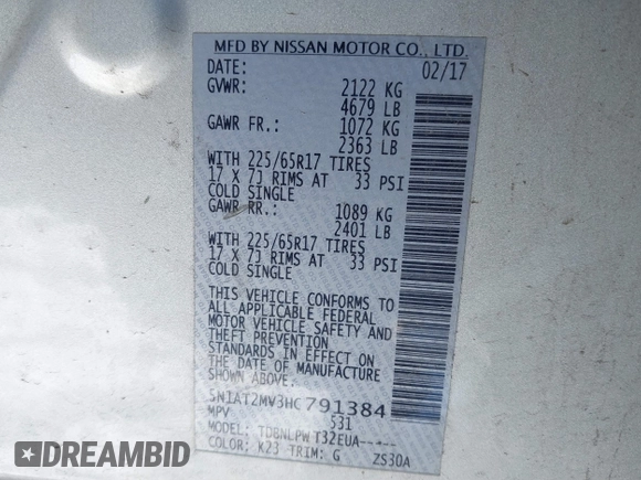 2017 Nissan Rogue SL with VIN 5N1AT2MV3HC791384, listed as a IAAI auction lot 41319989 with 112,195 mi miles. Bid and sale history available at carsss.com. Image 9.