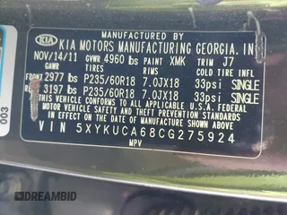 2012 Kia Sorento EX with VIN 5XYKUCA68CG275924, listed as a IAAI auction lot 41623363 with 173,078 mi miles. Bid and sale history available at carsss.com. Image 9.