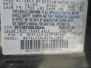 2021 Nissan Versa SV with VIN 3N1CN8EV5ML835444, listed as a Copart auction lot 52439955 with 104,773 mi miles and Salvage Title. Bid and sale history available at DreamBid. Image 12.