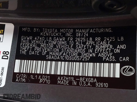 2025 Lexus ES 300h with VIN 58ADA1C10SU057257, listed as a IAAI auction lot 42192136 with 8,030 mi miles and . Bid and sale history available at DreamBid. Image 9.