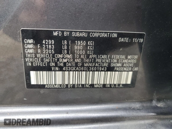 2020 Subaru Impreza Premium z VIN 4S3GKAD60L3601943, wystawiony jako Copart lot #57827405 z przebiegiem 80 775 mil mil oraz Czysty tytuł • Clean title. Historia ofert i sprzedaży dostępna na DreamBid. Obrazek 12.
