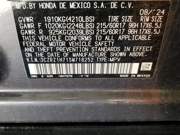 2025 Honda HR-V EX-L with VIN 3CZRZ1H71SM718252, listed as a Copart auction lot 47540315 with 14,066 mi miles and Salvage Title. Bid and sale history available at carsss.com. Image 14.
