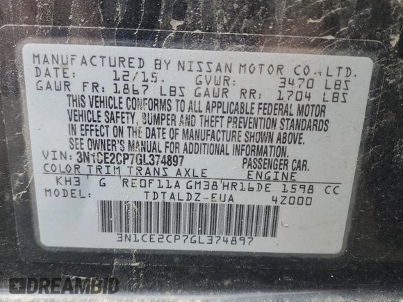 2016 Nissan Note S with VIN 3N1CE2CP7GL374897, listed as a Copart auction lot 56362765 with 186,614 mi miles and Salvage title. Bid and sale history available at DreamBid. Image 12.