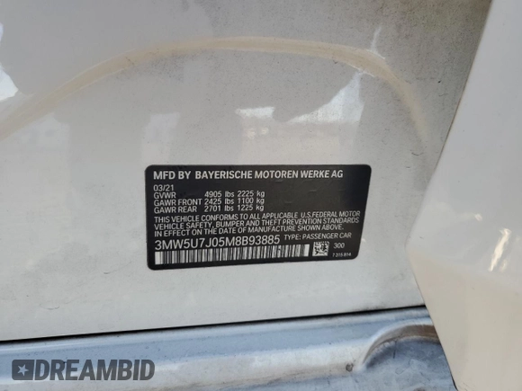 2021 BMW 3 Series M340i with VIN 3MW5U7J05M8B93885, listed as a Copart auction lot 42400835 with 48,771 mi miles and Salvage Title. Bid and sale history available at carsss.com. Image 14.