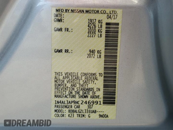 2017 Nissan Altima SV with VIN 1N4AL3AP9HC246991, listed as a Copart auction lot 64596545 with 129,465 mi miles and Clean title. Bid and sale history available at DreamBid. Image 12.