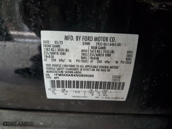 2022 Ford Police Interceptor Utility with VIN 1FM5K8ABXNGB59360, listed as a Copart auction lot 44747025 with 58,260 mi miles and Salvage Title. Bid and sale history available at carsss.com. Image 12.