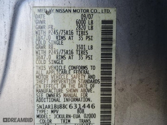 2008 Nissan Pathfinder S with VIN 5N1AR18U88C631446, listed as a Copart auction lot 50640055 with 342,879 mi miles and Salvage Title. Bid and sale history available at carsss.com. Image 14.