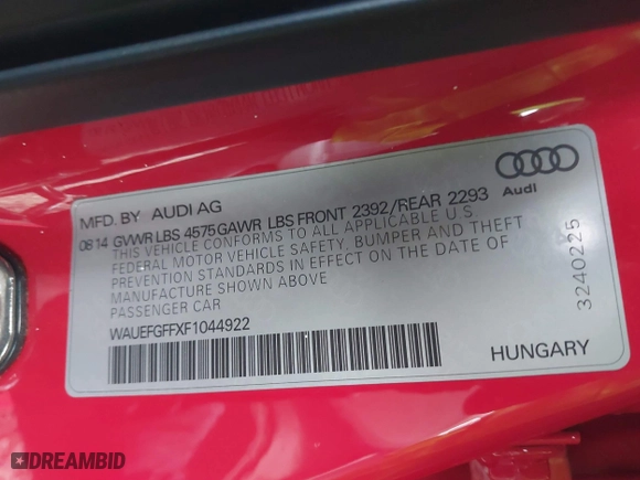 2015 Audi A3 2.0T Premium Plus with VIN WAUEFGFFXF1044922, listed as a IAAI auction lot 41709772 with 77,700 mi miles. Bid and sale history available at carsss.com. Image 9.