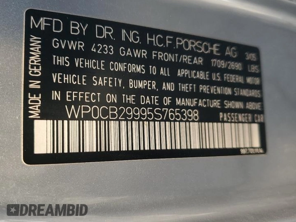 2005 Porsche 911 Carrera S z VIN WP0CB29995S765398, wystawiony jako Copart lot #42413555 z przebiegiem 32 993 mil mil oraz Szkoda całkowita • Salvage title. Historia ofert i sprzedaży dostępna na DreamBid. Obrazek 12.