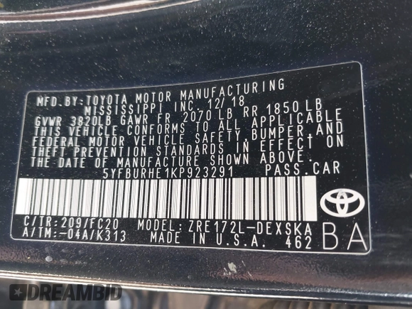 2019 Toyota Corolla L with VIN 5YFBURHE1KP923291, listed as a IAAI auction lot 42173538 with 60,184 mi miles and . Bid and sale history available at DreamBid. Image 9.