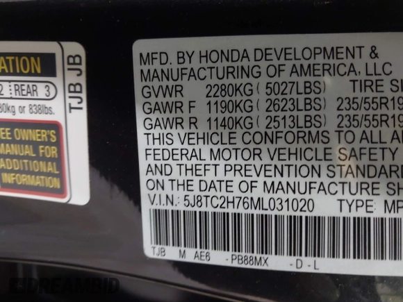 2021 Acura RDX w/Advance Package with VIN 5J8TC2H76ML031020, listed as a IAAI auction lot 41282562 with 35,454 mi miles. Bid and sale history available at carsss.com. Image 9.