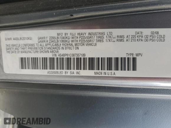 2008 Subaru Outback i with VIN 4S4BP61C087357189, listed as a Copart auction lot 61733735 with 185,888 mi miles and Clean title. Bid and sale history available at DreamBid. Image 12.
