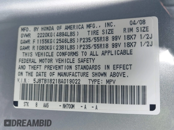 2008 Acura RDX with VIN 5J8TB18218A019022, listed as a IAAI auction lot 41893517 with 259,350 mi miles. Bid and sale history available at carsss.com. Image 9.