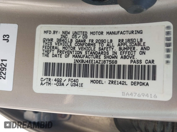 2010 Toyota Corolla with VIN 1NXBU4EE1AZ187568, listed as a IAAI auction lot 42634794 with 86,189 mi miles and . Bid and sale history available at DreamBid. Image 9.