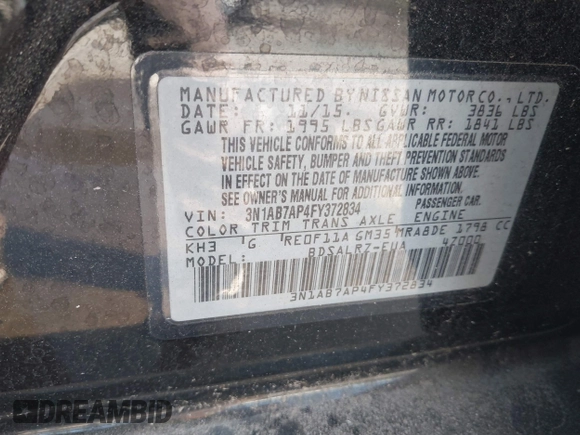 2015 Nissan Sentra SV with VIN 3N1AB7AP4FY372834, listed as a IAAI auction lot 41960368 with 221,760 mi miles and . Bid and sale history available at DreamBid. Image 9.