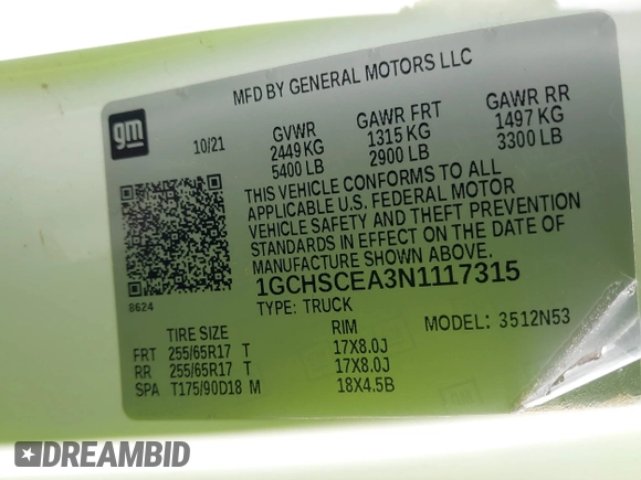 2022 Chevrolet Colorado 2WD LT with VIN 1GCHSCEA3N1117315, listed as a IAAI auction lot 41676782 with 41,232 mi miles and . Bid and sale history available at DreamBid. Image 8.