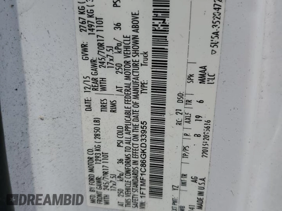 2016 Ford F-150 XL z VIN 1FTMF1C86GKD33955, wystawiony jako Copart lot #59916525 z przebiegiem 91 158 mil mil oraz Szkoda całkowita • Salvage title. Historia ofert i sprzedaży dostępna na DreamBid. Obrazek 12.