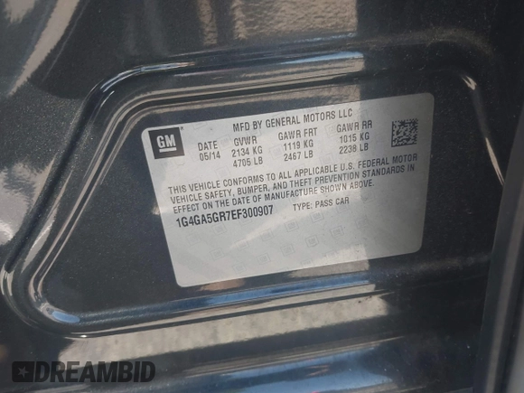 2014 Buick LaCrosse with VIN 1G4GA5GR7EF300907, listed as a IAAI auction lot 41835137 with 154,838 mi miles and . Bid and sale history available at DreamBid. Image 9.