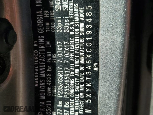 2012 Kia Sorento LX with VIN 5XYKT3A6XCG193485, listed as a Copart auction lot 80695053 with Not Provided miles and Salvage Title. Bid and sale history available at DreamBid. Image 13.