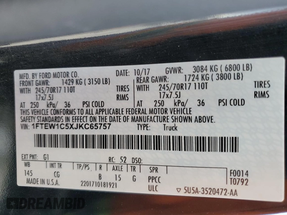 2018 Ford F-150 XL with VIN 1FTEW1C5XJKC65757, listed as a Copart auction lot 51296395 with 103,983 mi miles and Salvage Title. Bid and sale history available at carsss.com. Image 12.