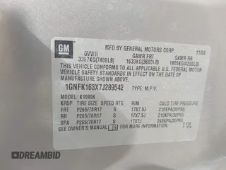 2007 Chevrolet Suburban LT z VIN 1GNFK163X7J289542, wystawiony jako IAAI lot #42054920 z przebiegiem 146 702 mil mil oraz . Historia ofert i sprzedaży dostępna na DreamBid. Obrazek 9.