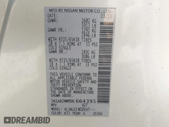 2013 Nissan Pathfinder Platinum с VIN 5N1AR2MM9DC664395, выставлен на аукционе IAAI как лот 42631512 с пробегом 136 335 миль миль и . История ставок и продаж доступна на DreamBid. Изображение 9.