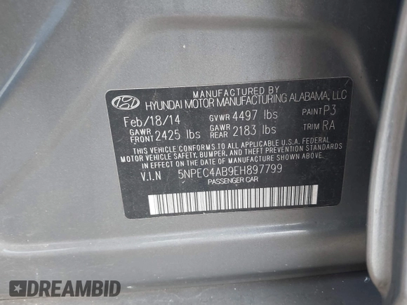 2014 Hyundai Sonata Limited with VIN 5NPEC4AB9EH897799, listed as a IAAI auction lot 40771774 with 221,000 mi miles and . Bid and sale history available at DreamBid. Image 9.