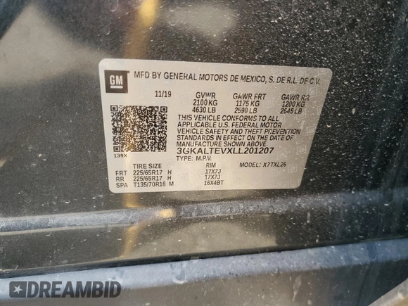 2020 GMC Terrain SLE with VIN 3GKALTEVXLL201207, listed as a Copart auction lot 49579025 with 60,033 mi miles and Salvage title. Bid and sale history available at DreamBid. Image 13.