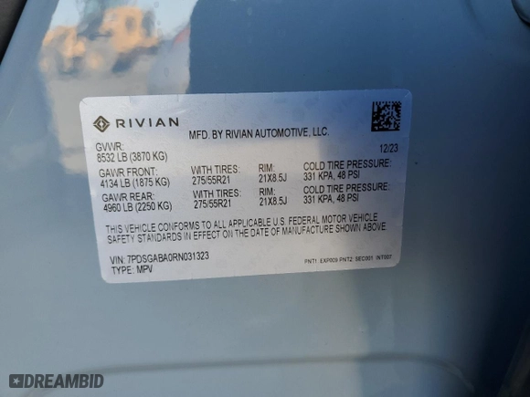2024 Rivian R1S Adventure with VIN 7PDSGABA0RN031323, listed as a Copart auction lot 79571294 with 5,151 mi miles and Salvage Title. Bid and sale history available at carsss.com. Image 14.
