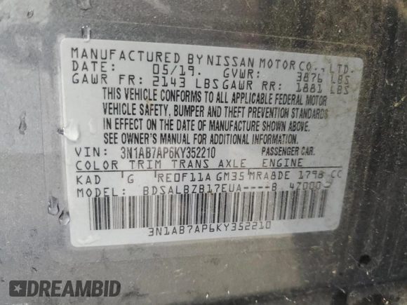 2019 Nissan Sentra S with VIN 3N1AB7AP6KY352210, listed as a Copart auction lot 62705755 with 87,934 mi miles and Clean title. Bid and sale history available at DreamBid. Image 12.