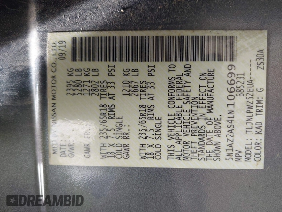 2020 Nissan Murano S z VIN 5N1AZ2AS4LN106699, wystawiony jako IAAI lot #42090949 z przebiegiem 87 700 mil mil oraz . Historia ofert i sprzedaży dostępna na DreamBid. Obrazek 9.