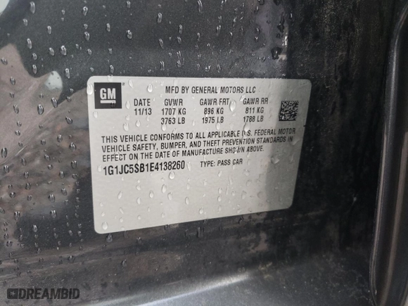 2014 Chevrolet Sonic LT with VIN 1G1JC5SB1E4138260, listed as a Copart auction lot 47872575 with 156,759 mi miles and Salvage Title. Bid and sale history available at carsss.com. Image 14.