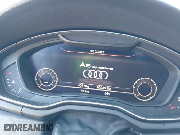 2019 Audi A5 Sportback Premium Plus with VIN WAUBNCF53KA023202, listed as a IAAI auction lot 41749214 with 40,716 mi miles and . Bid and sale history available at DreamBid. Image 7.