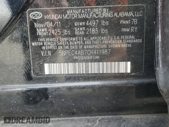2012 Hyundai Sonata Limited with VIN 5NPEC4AB7CH411987, listed as a Copart auction lot 47924155 with 163,430 mi miles and Salvage Title. Bid and sale history available at carsss.com. Image 12.