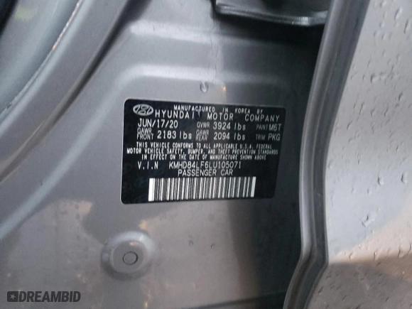 2020 Hyundai Elantra Value Edition with VIN KMHD84LF6LU105071, listed as a Copart auction lot 82125983 with 51,190 mi miles and Salvage Title. Bid and sale history available at carsss.com. Image 12.