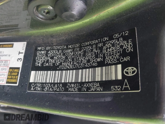 2012 Toyota Prius Two with VIN JTDZN3EU7C3143746, listed as a IAAI auction lot 41321192 with Not Provided miles and . Bid and sale history available at DreamBid. Image 9.