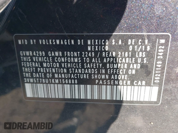 2019 Volkswagen Jetta GLI S z VIN 3VW5T7BU1KM156888, wystawiony jako IAAI lot #40778065 z przebiegiem 97 114 mil mil oraz . Historia ofert i sprzedaży dostępna na DreamBid. Obrazek 9.