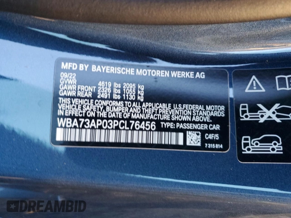 2023 BMW 4 Series 430i xDrive with VIN WBA73AP03PCL76456, listed as a Copart auction lot 41423564 with 10,889 mi miles and . Bid and sale history available at DreamBid. Image 12.